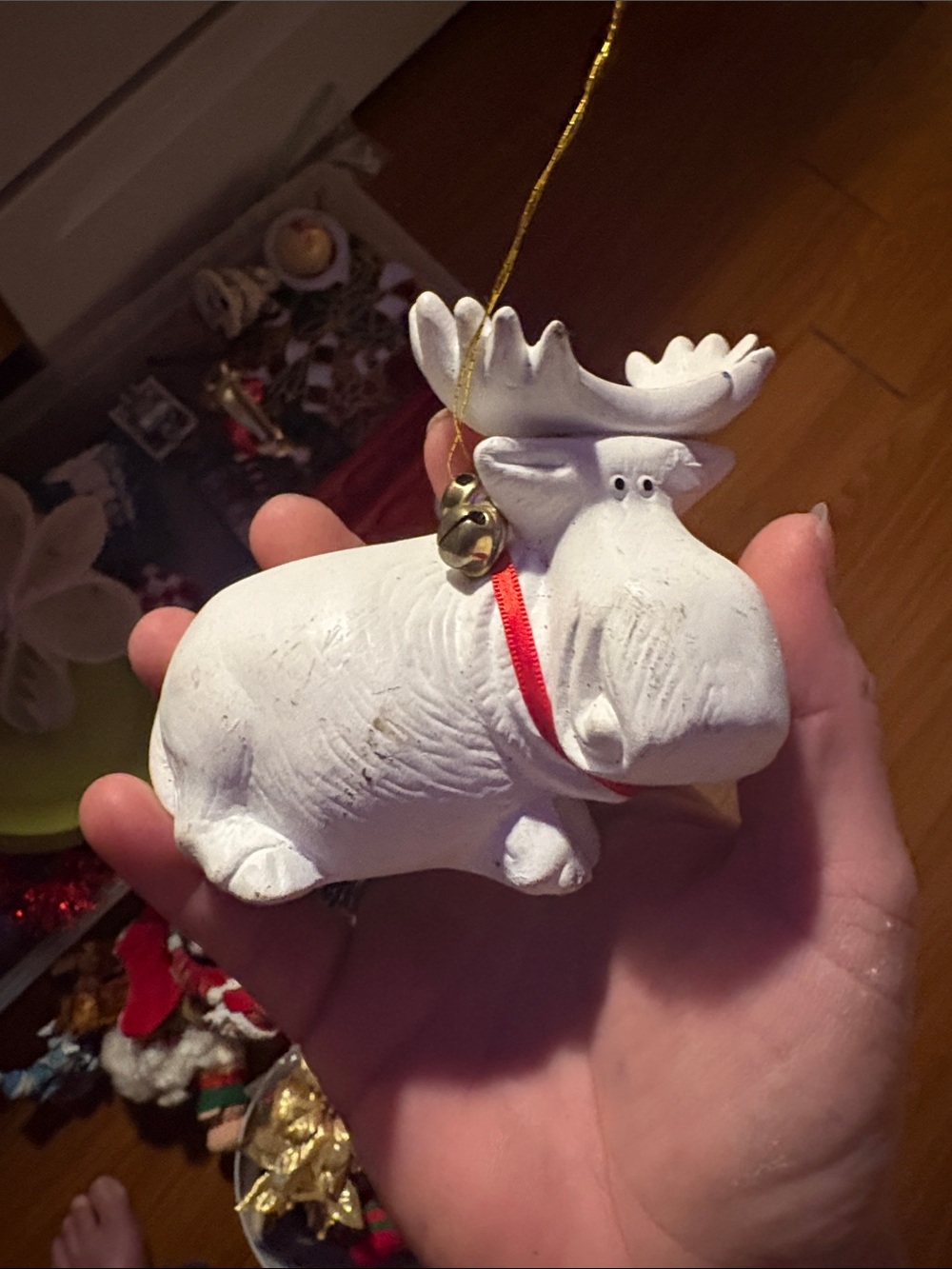 White Moose Ornament with Red Collar and Gold Bell